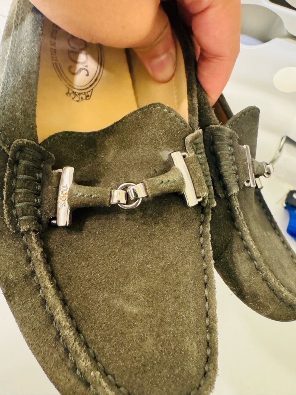 Tod's Olive Suede Driver Mocs with Black Pebbled Sole - Picture 3 of 8